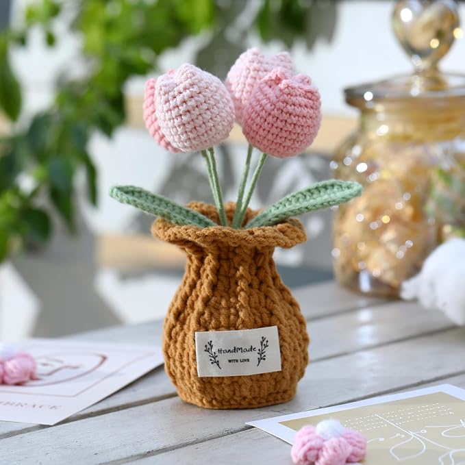Tulip Crochet Flower Potted Plant Handmade Desk Decor Gift