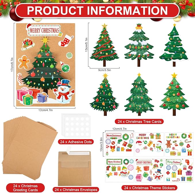 COCHIE 24 Sets Christmas Card Making Kits 3D Christmas Tree Card Making Craft Kits for Kids Holiday Greeting Cards Bulk for Home Classroom Activities