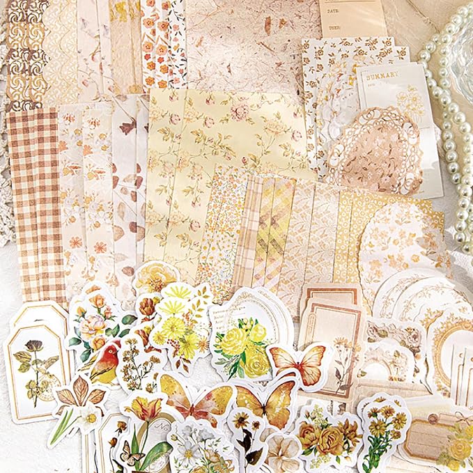Doraking 100pcs Vintage Floral Scrapbook Paper Journaling Stickers Assorted Set, Material Paper Memo Junk Journal Supplies for Bullet Journaling Retro Crafts Planner Collage Card Album
