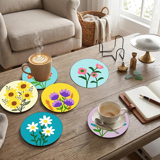 8 Pack Floral Paint by Numbers Kits Coasters with Holder Cork Pads | Flowers Paint by Number Kits for Adults Simple Round Oil Painting Coaster for Small DIY Craft Holiday Birthday Gift 3.9x3.9in