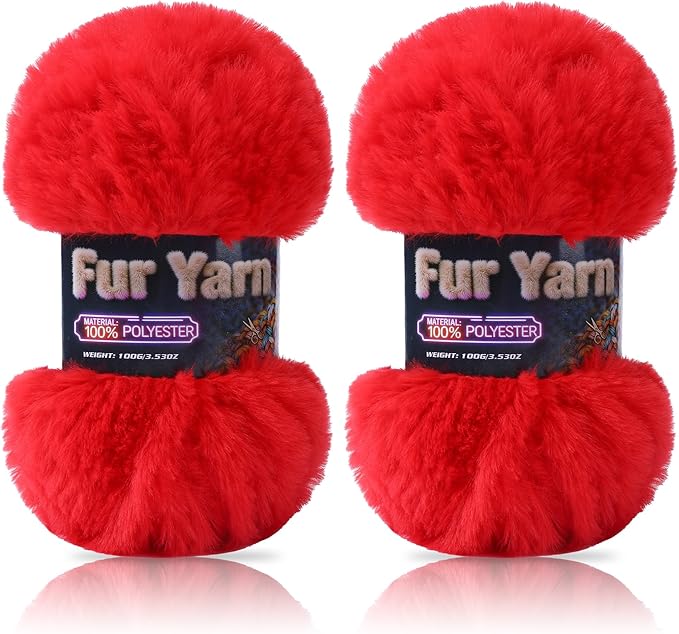 Faux Fur Yarn Soft Fluffy for Crocheting - 2 Skeins(Each 3.5oz/100g, 71yd/65m) - Chunky & Fluffy Yarn for Crochet Amigurumi, Blankets, Hand Knitting, Scarves &Crafts (2, Red)