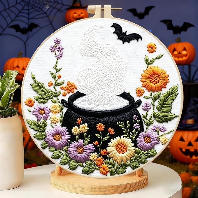Zhenqing Halloween Cauldron Embroidery Kit for Beginners, Magic Pot Witch Decor Needlework Kit with Pre-Printed Cotton Fabric, Hoop, Threads & Tools, Spooky DIY Wall Art (C0120)