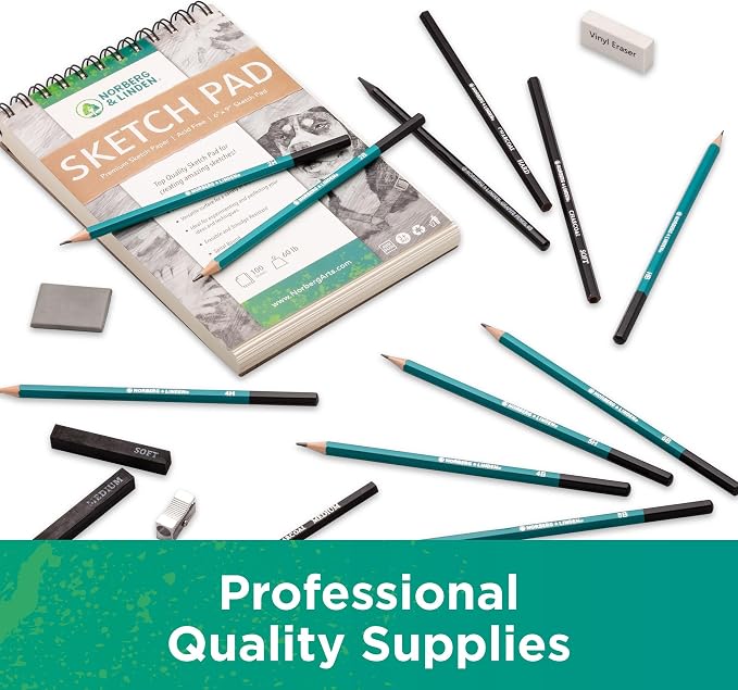 Drawing Set - Sketching and Charcoal Pencils - 100 Page Drawing Pad, Kneaded Eraser. Art Kit and Supplies for Kids, Teens and Adults, Sketch Set