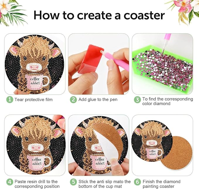 mrpwnle Diamond Art Coasters Kits, 8 Pcs Cow Diamond Painting Coasters Kits