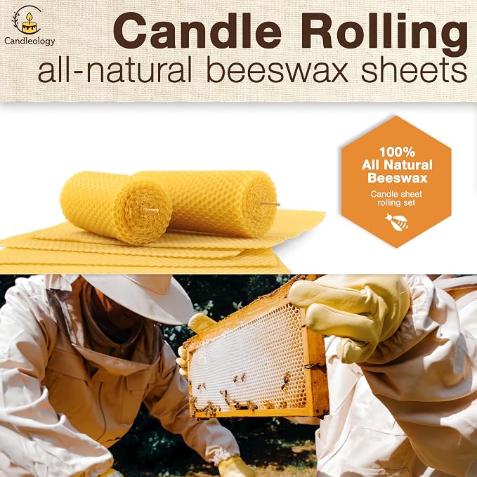 Natural Beeswax Sheets for Candle Making (10-Sheet Pack with Cotton Wicks) Natural Yellow Tone - DIY Beeswax Candle Rolling Kit for Kids & Adults
