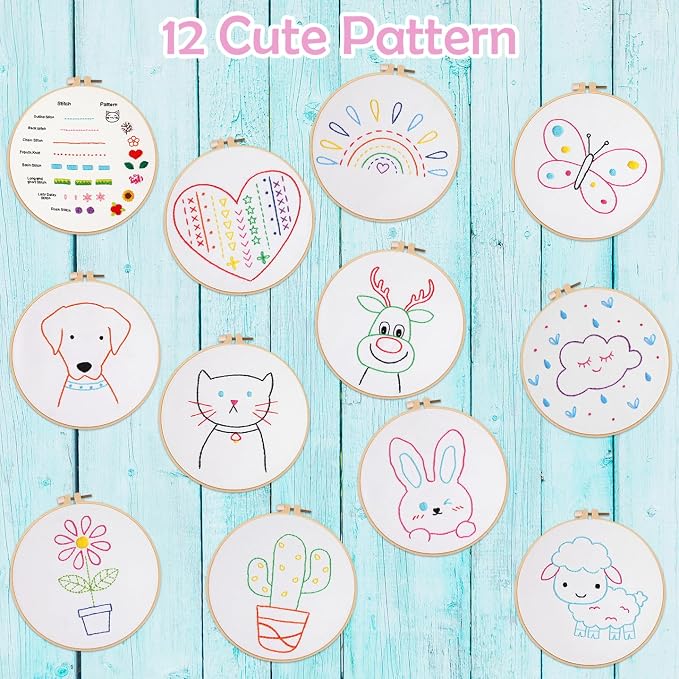 Louise Maelys 12 Pre-Stamped Embroidery Kits for Beginners, Cross Stitch for Kids Girls,DIY Needlepoint Craft Sewing,Practice Kit Supplies,Funny Cute Pattern,Perfect for Ages 8+