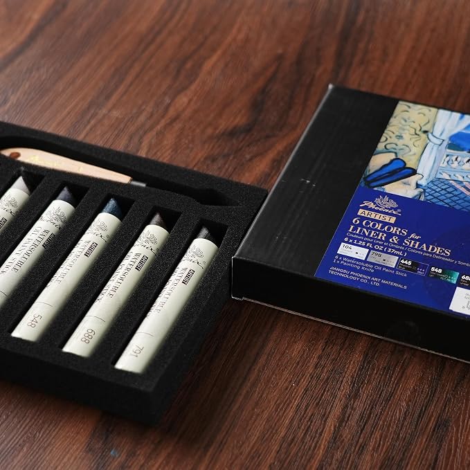 PHOENIX Dark Shades Oil Paint Stick - Set of 6 Liner Colors with White & Black 37ml Large Soft Water Soluable Oil Pastels for Artists