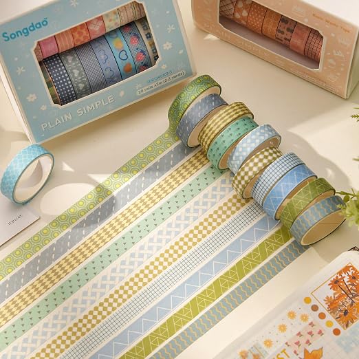 20 Rolls Basic Washi Tape Set Japanese Arts Adhesive Tapes Simple Patterns Decorative Masking Tape Sets for Craft, Kids, Scrapbook, DIY, Gift Wrapping (Style Four)