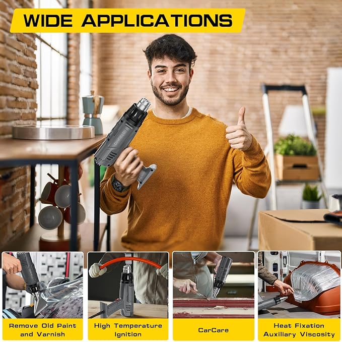 DIAFIELD 1850W Heat Gun with Dual Temperature Settings 572.0 °F & 1202 °F | Fast Heat Hot Air Gun, Durable& Overload Protection, with 4 Nozzles for Shrink Wrap, Vinyl, Crafts, Epoxy Resin