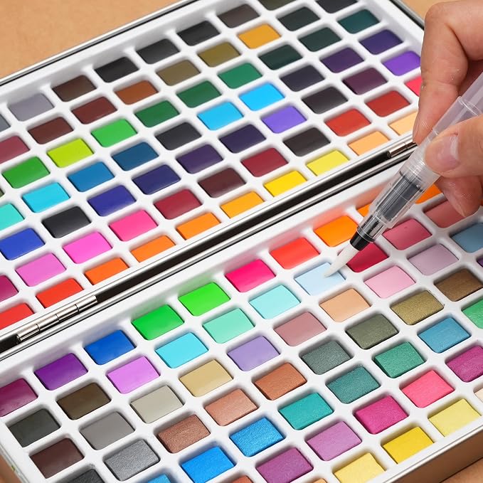 168 Colors Watercolor Paint Set - Vibrant Pigments in Portable Metal Case with 3 Brushes, Non-Toxic Travel-Friendly Painting Kit for Professional Artists/Students/Beginners