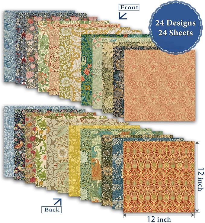 Classical Floral Scrapbook Paper 12x12 - 24 Sheets Double Sided Pattern Decorative Craft Paper for Scrapbooking Planner Bullet Junk Journal Supplies Mixed Media Collage Card Making ﻿