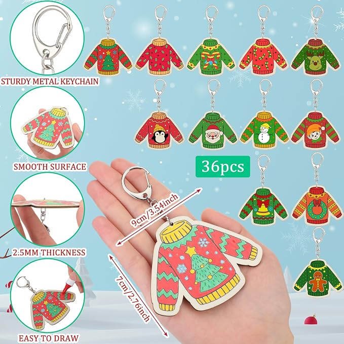 Trnayi 36 Pcs Christmas Ugly Sweater Wood Keychain DIY Craft | Christmas Ugly Sweater Wooden Keychain, Color Your Own Unfinished Craft, Blank Wood Painting DIY Craft, Holiday Art Project
