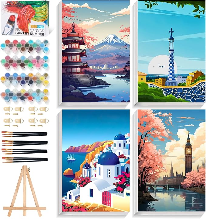 4 Pack Framed Paint by Numbers Kit for Adults with Wooden Easel, Landscape Paint by Number Kits with Frame, Acrylic Watercolor Adult Paint by Number Kits on Canvas Framed for Home Decor 8x12 Inch