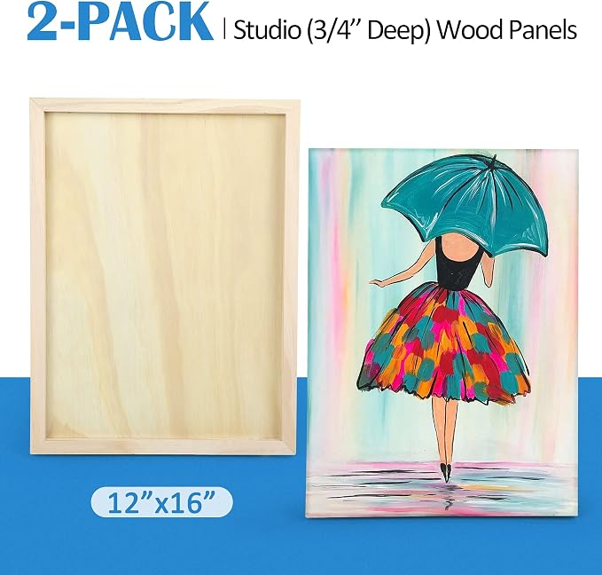 Falling in Art 2 Pack 12x16 Unfinished Birch Wood Panels Kit for Painting | Studio 3/4’’ Deep Wood Canvas, Cradle Boards for Acrylic Pouring, Art, Crafts, Epoxy Resin, Laser Engraving Cutting
