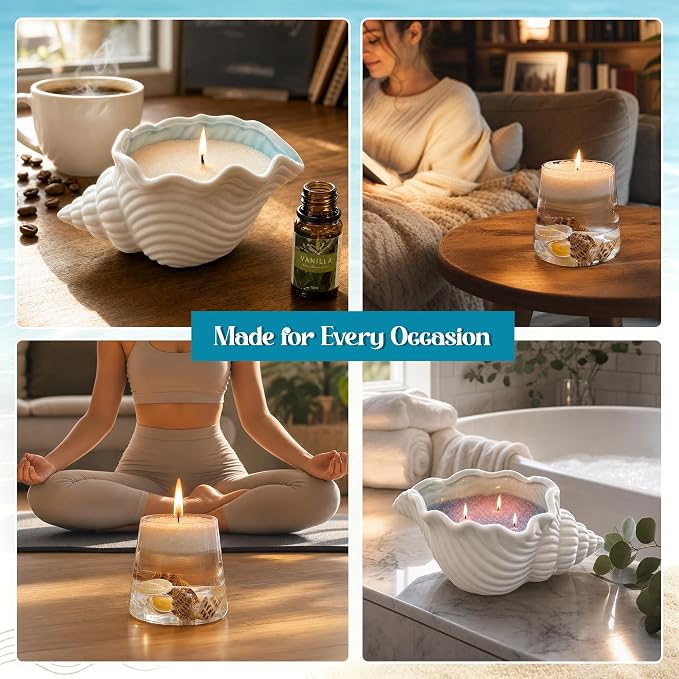 CXOZO Pearled Candle Sand Wax Making Kit, 37oz, Beach Themed DIY Gift Set | Ceramic Conch Shell Holder, 12 Colors, 4 Essential Oils, Star & Tree Molds, Real Seashells, 30 Wicks, No Melt, Gift for Women