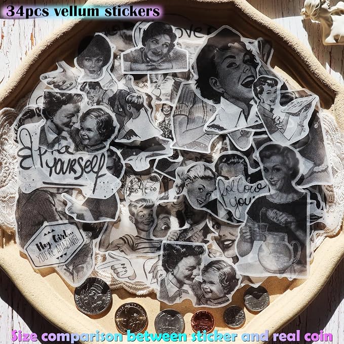CATaireen Vintage Junk Journal Ephemera Scrapbooking Supplies Translucent Vellum Paper Stickers Card Making Decal Art Aesthetic for Adults (Character Dark -2)