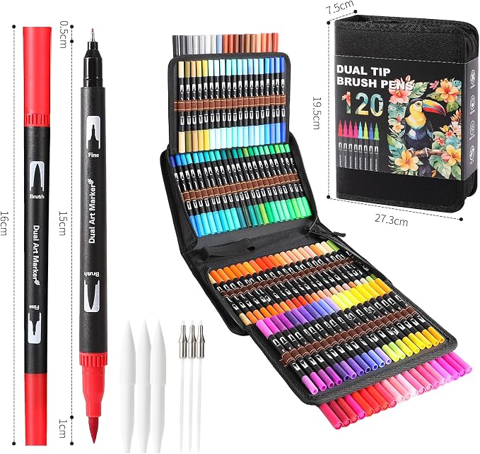 120 Colors Dual Tip Watercolor Markers Pens for School Supplies-Brush&Fine | Coloring Markers No Bleeding for Adult Coloring Books Calligraphy Card Making Sketching Journaling Note Taking Planner Travel