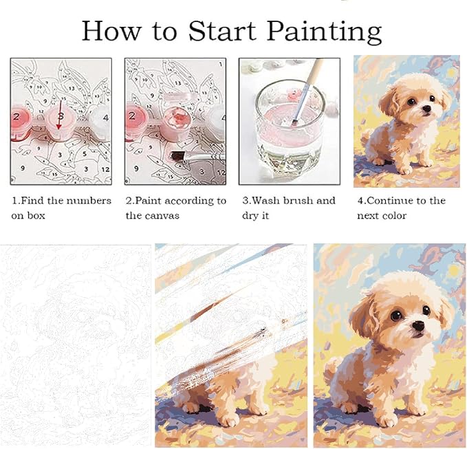 ZRIZQ Dog Paint by Numbers Kit for Adults Beginner,Animal,16x20 | Full set with wooden brushes,rolled canvas,rich paints.Calming activity.Beginner friendly.Just open and paint.