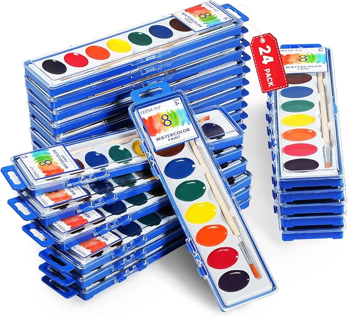 Washable Watercolor Paint Set for Kids, 24 Pack, 8 Colors | with Wood Brushes, Non-Toxic, for Classroom, Party Favors & Homeschool