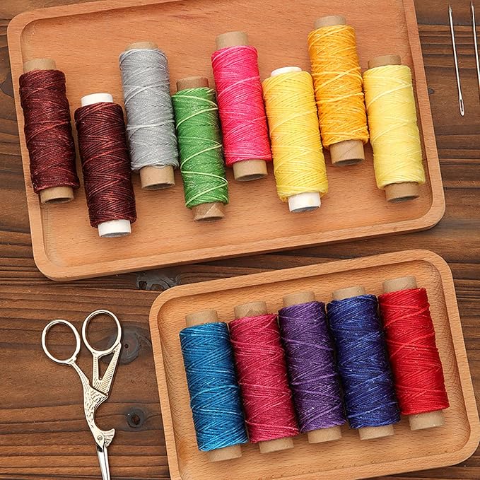 2 PCS Leather Sewing Waxed Thread, Each of 33 Yards 150D Sewing Thread Cord for Leather Craft DIY Supplies, Shoes Repairing, Black and Khaki
