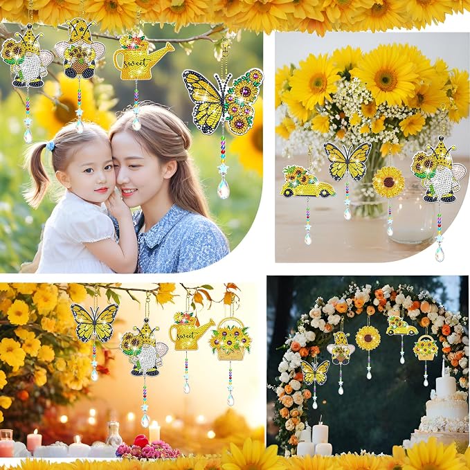 8 Pcs Gnomes Diamond Art Suncatchers Double Sided Diamond Painting Suncatcher Sunflower Diamond Painting Wind Chime Kits 5D DIY Diamond Art Kits for Adults Hanging Ornaments
