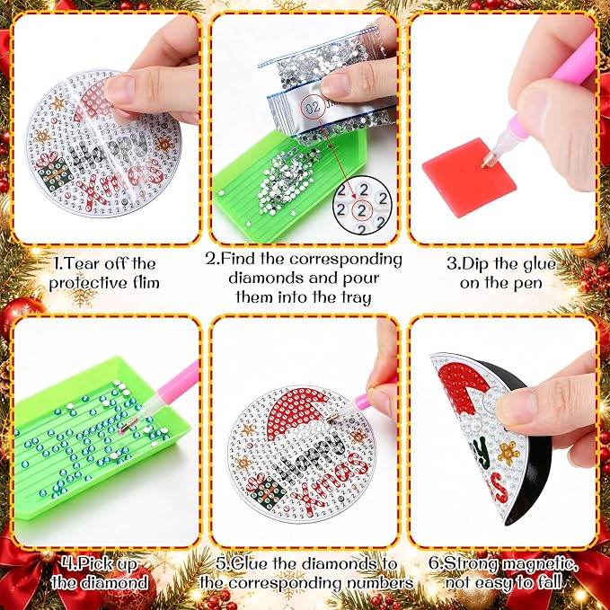 Zonon 12 Pcs Christmas Diamond Art Magnets Kit, Joyful Xmas | Holiday Diamond Painting Magnetic Stickers,Joy Snowman Reindeer Gingerbread,Red Green Diamond Fridge Magnets for Xmas Decor