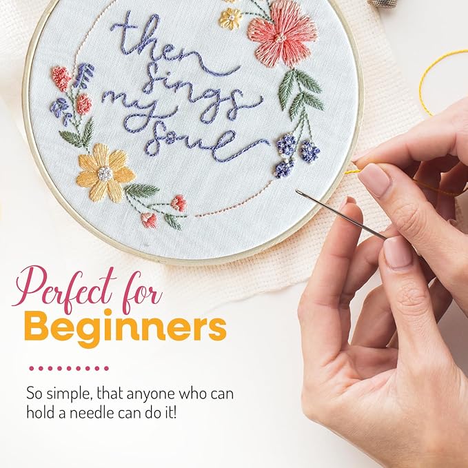 Elly & Grace Christian Embroidery Kit with Embroidery Hoop, Easy Embroidery Kit for Beginners and Adults, Full Embroidery Hoop Kit with Needles and Thread Included (Then Sings My Soul)