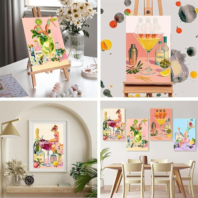 4 Pack Cocktail Paint by Numbers for Adults with Framed Canvas 8x12 inch | Cocktail Adult Paint by Number Kits on Canvas with Wooden Easel, DIY Acrylic Oil Painting by Numbers for Gift Home Decor