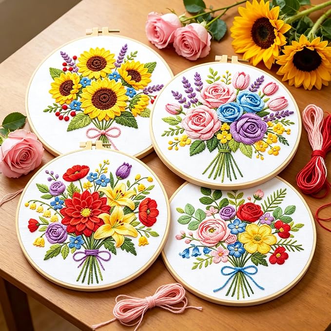 BEUNITONE 4pcs Embroidery Kit, Flower Stamped Embroidery Kits with Hoop, Thread & Needles, Colorful Bouquet Cross Stitch Kits Sewing Gifts for Adults and Beginners, DIY Craft for Relaxation