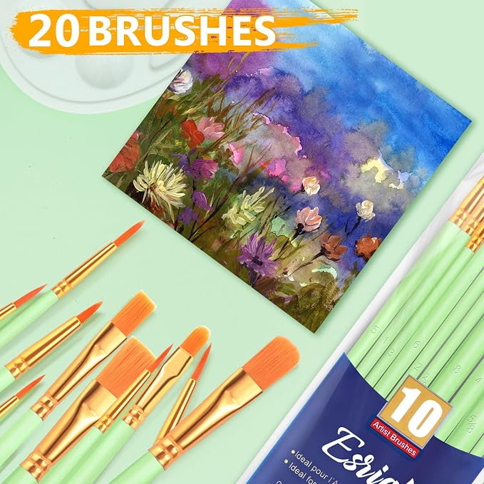 ESRICH 20PCS Paint Brushes, Paint Brush for Acrylic Painting | Artist Paintbrushes for Oil Watercolor, Body Face Rock Canvas, Small Paint Brushes for Kids, Green