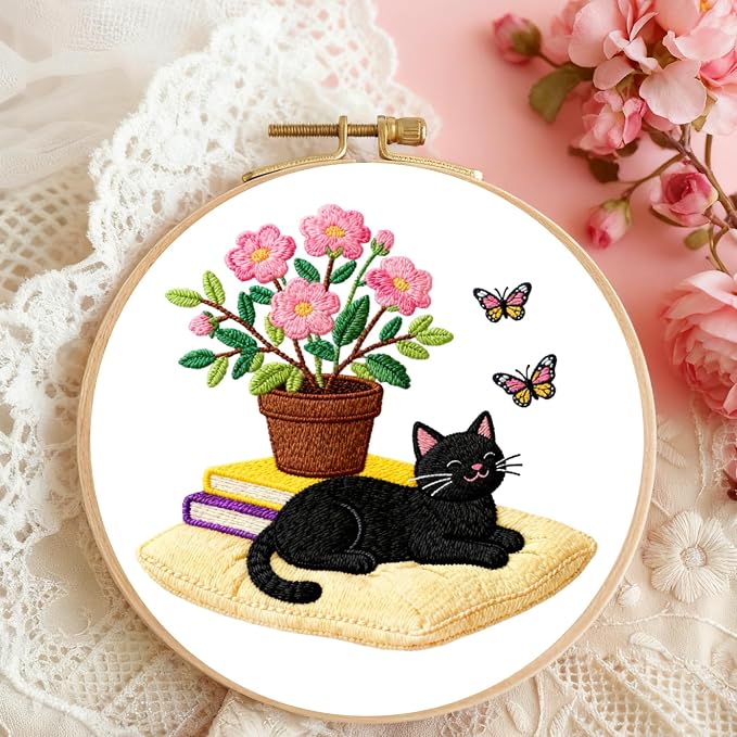 BEUNITONE 4 Set Embroidery Kit for Beginners, Daily Life of Cats Patterns Cross Stitch Kits, Needlepoint Kits for Adults with Hoop, Cute Hand Embroidery Patterns for Cloth and Home Decor