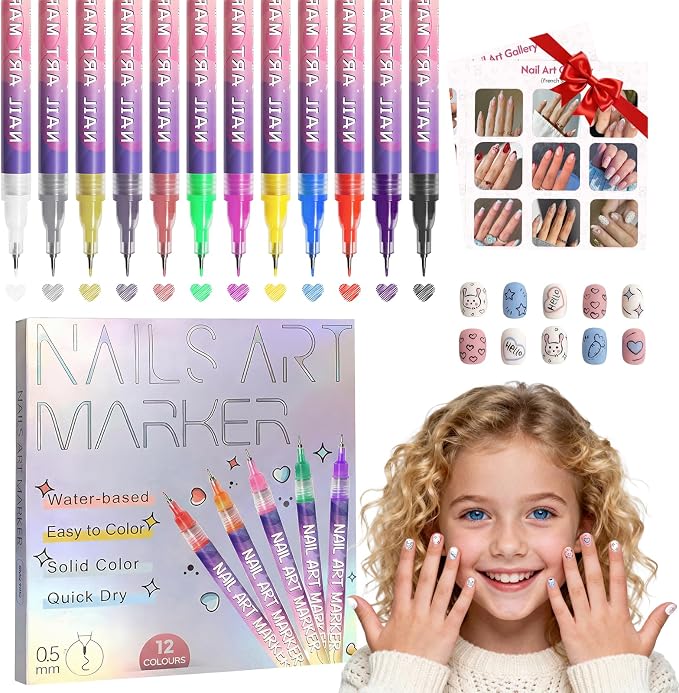 dabria Nail Art Pens for Painting Nails 12 Colors Nail Art Markers Set with 0.5 mm Fine Tip, Instructions Included, Nail Doodle Pens for Girls Kids Women (Standard)