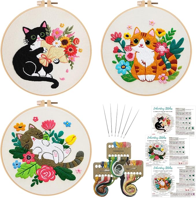 Nuberlic 3 Pack Cat Embroidery Kit for Beginners Adults