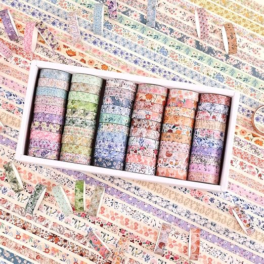 icceemee 60 Rolls Flowers Theme Washi Tape Set with Different Colorful Patterns, Writable Decorative Tapes for Scrapbooking, Junk Journal Supplies, Bullet Journaling, 0.39'' x 79'' per Roll