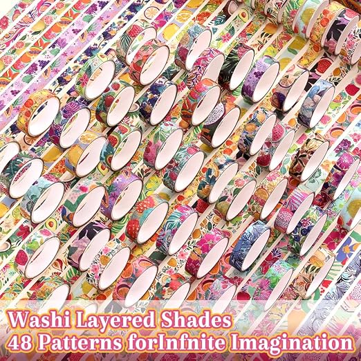 icceemee 48 Rolls Fruit Theme Washi Tape Set, Writable Decorative Tapes for Scrapbooking, Junk Journal Supplies, Bullet Journaling, 0.39"x79" per Roll