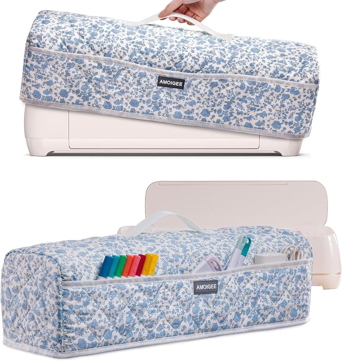 AMOIGEE Dust Cover for Cricuttt Maker 4 & Explore 4/3, Maker 3, Air 2, Quilted Protective Cover with Storage Pockets for Cutting Machine, Floral Fabric Anti-Dust Cover for Craft Machine Organizer