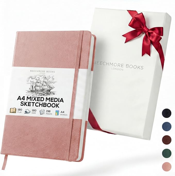 Beechmore Books A4 8.5x11 Mixed Media Sketchbook 160 GSM/98LB with Gift Box | Hardcover Art Journal with Lay-Flat Binding, 156 Perforated Ivory Pages for Drawing, Ink & Light Watercolor