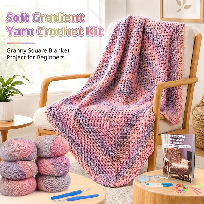 Coopay Gradient Crochet Kit for Beginners Adults, Granny Square Blanket Kit