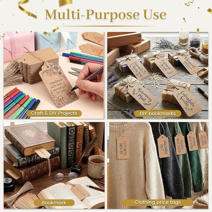 SallyFashion Large Kraft Gift Tags with String, 100 Pack 2 X 4 inch | Scalloped Edge, Natural Jute String, Pre-Punched Design, Retail Tags and DIY Bookmarks