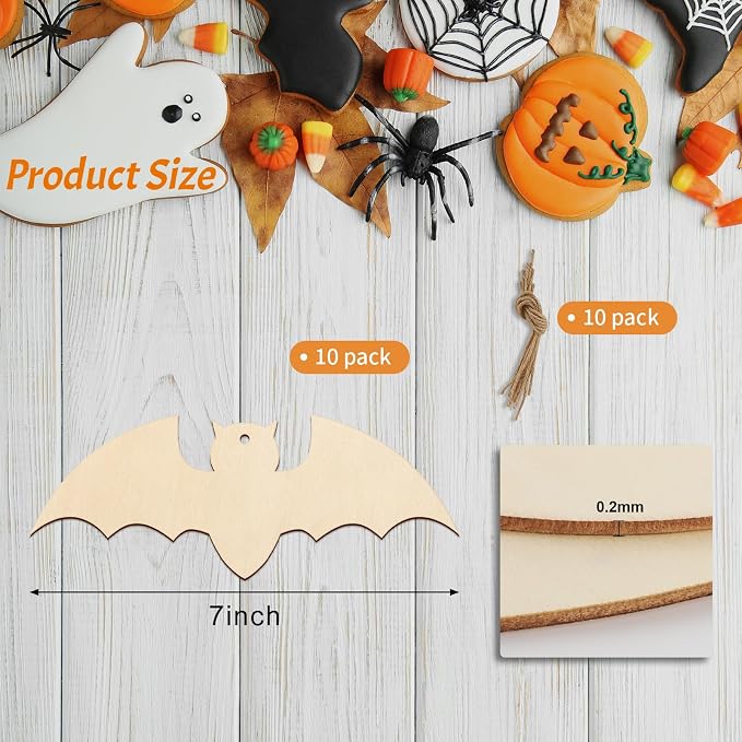 Large Size 7inch Wooden Halloween Ornaments to Paint,Bat Cutouts Unfinished DIY Blank Unfinished Pumpkin Wood Discs Ornament for Crafts Hanging Autumn Decorations 10PCS