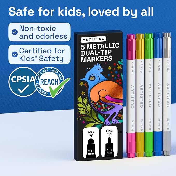 ARTISTRO Metallic Dual-Tip Acrylic Paint Marker Pens - Set of 5 | For Fabric, Rock, Glass, Wood, & Coloring Books, Arts & Crafts Gift, Classroom Must Haves & School Supplies (Dot & Fine Tips)