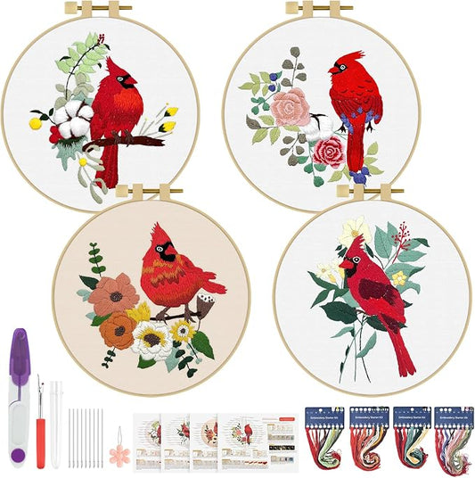 ERKOON 4 Sets Embroidery Kit, Animal Cross Stitch Set for Include Embroidery Cloth Hoops Threads for Craft Lover Hand Stitch (Cardinal)