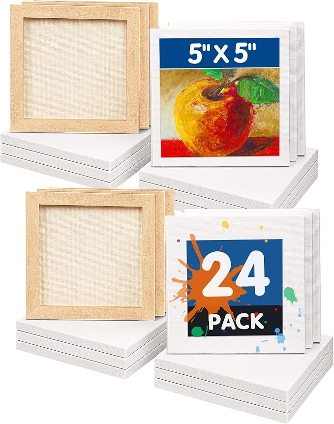 FIXSMITH Mini Stretched Canvas for Painting - 24 Pack 5 x 5 Inch, 2/5” Profile Small Square Canvases, 100% Cotton Little Blank Canvas, Home Decor Project,Art Supplies for Acrylic Oil Painting