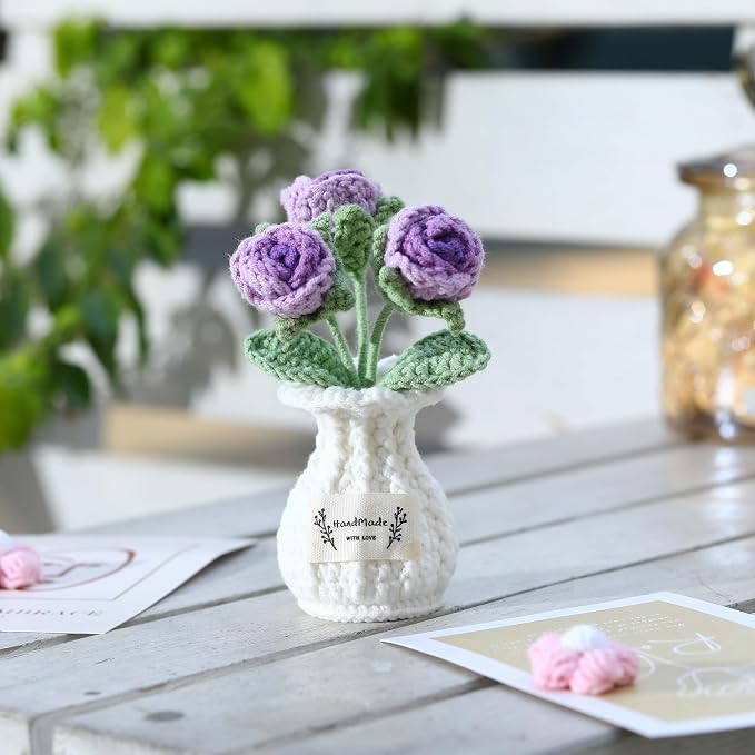 Crochet Rose Flower Potted Plant – Purple, Valentines Day Gift for Her, Handmade Knitted Romantic Desk Decor