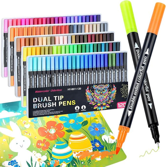 MIN CI 120 Colors Dual Tip Markers, Fine Tip and Brush Tip Permanent Coloring Markers for Drawing Art Supplies, Dual Marker s Brush Pens Kit for Adult Coloring Book, School Supplies, DIY Crafts
