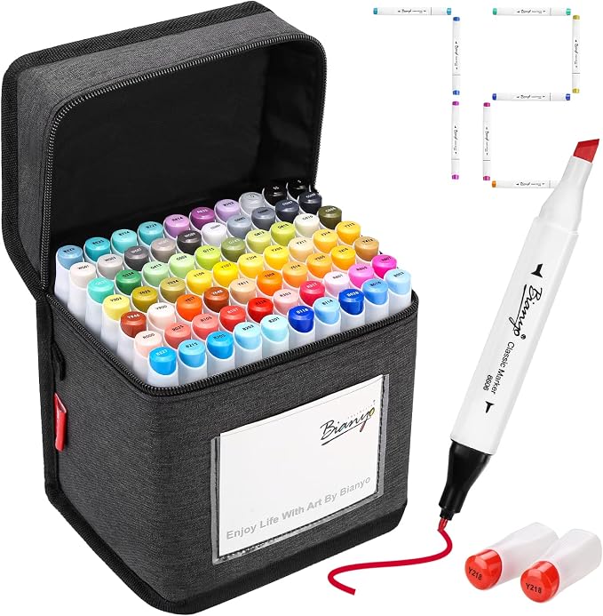 Bianyo 72 Colors Alcohol Markers Set, Dual Tip Fine & Chisel Art Markers with Black Carry Case, Ideal For Coloring Books, Blending, Drawing & Sketching, A Perfect Holiday Gift for Artists