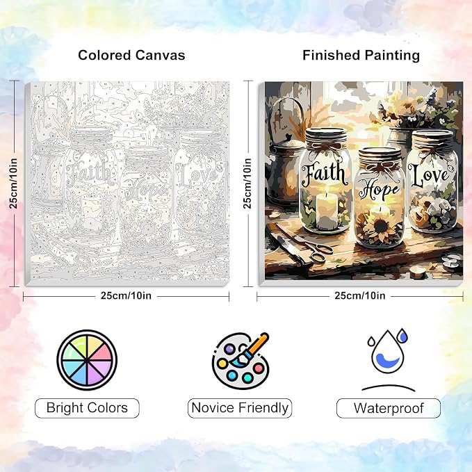 Framed Paint by Numbers Kit for Adults Faith, Hope, Love Wishing Bottle | For Adults Beginner & Kids Ages 8-12, With Frame Canvas 10x10 inch, DIY Acrylic Painting by Numbers, Home Wall Decor Gift
