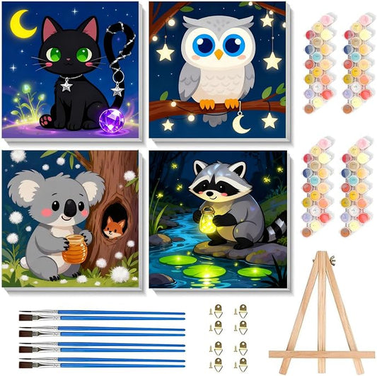 Arttoplus 4 Pack Paint by Numbers Kit for Kids with Frame Animals 8x8in | Cute Kids Paint by Numbers Ages 4-8-12 with Wooden Easel, Easy DIY Acrylic Oil Painting by number Aniamls for Gift Home Decor