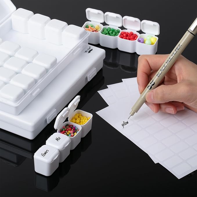 Mr. Pen- Bead Storage Containers, 28 Grids, 2 Pack, White | 160 pcs Label Stickers, Transparent, Small Bead Organizer Box, Diamond Art, Diamond Painting Organizer