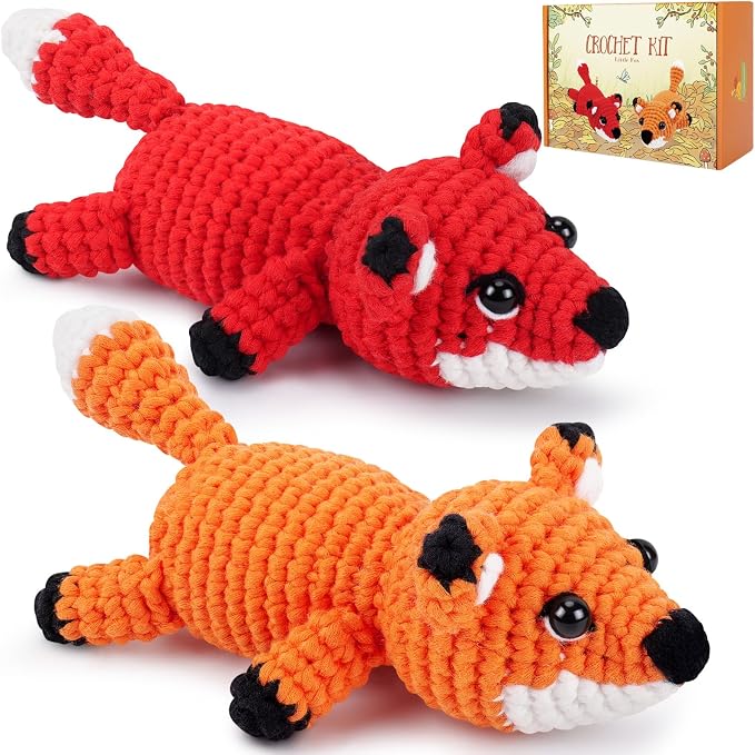 Crochet Kit for Beginners - 2 PCS Fox Crochet Kits with Step-by-Step Video Tutorials, Beginner Crochet Kit for Adults, Crochet Animal Kit, Crochet Fox Set